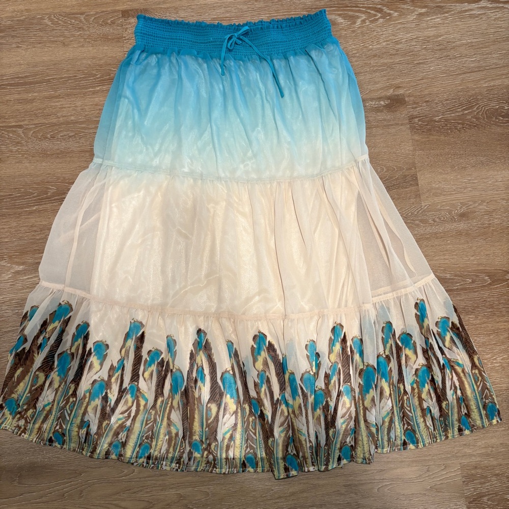 Ombre Blue and Cream Tiered Maxi Skirt with Feather-Print Hem